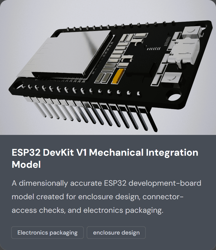A project card on the example portfolio: ESP32 DevKit V1 Mechanical Integration Model