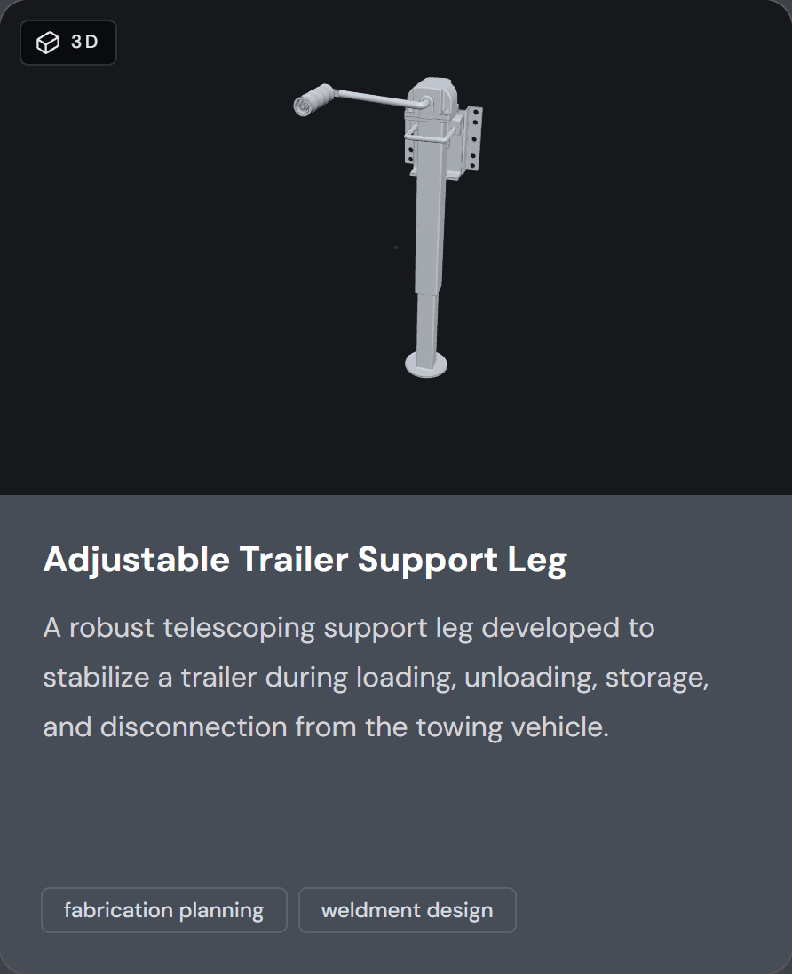 A project card on the live example profile: Adjustable Trailer Support Leg, marked as having a 3D model, with a summary and the tags fabrication planning and weldment design