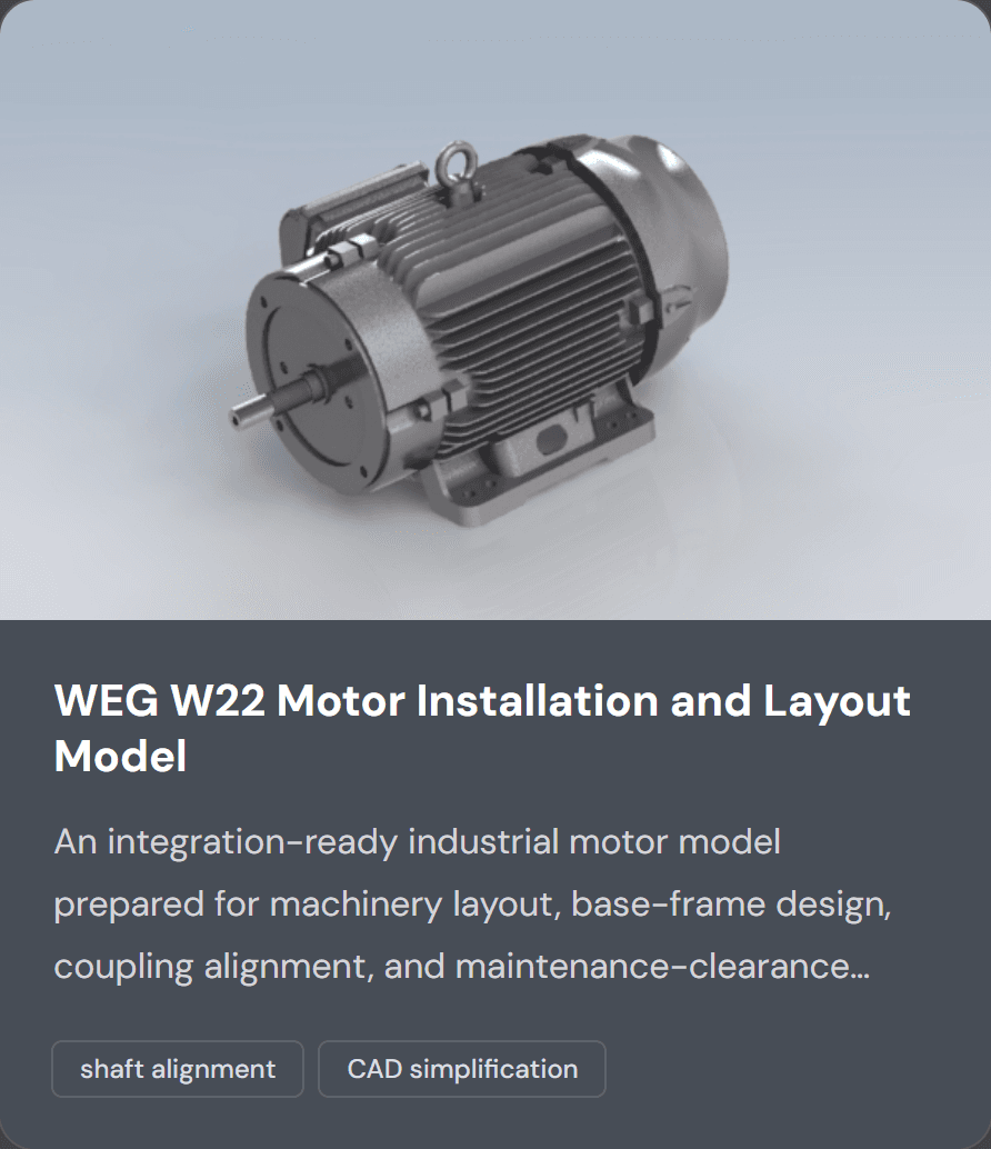 A real project card on Provenfolio: WEG W22 Motor Installation and Layout Model, with cover photo, summary and tags