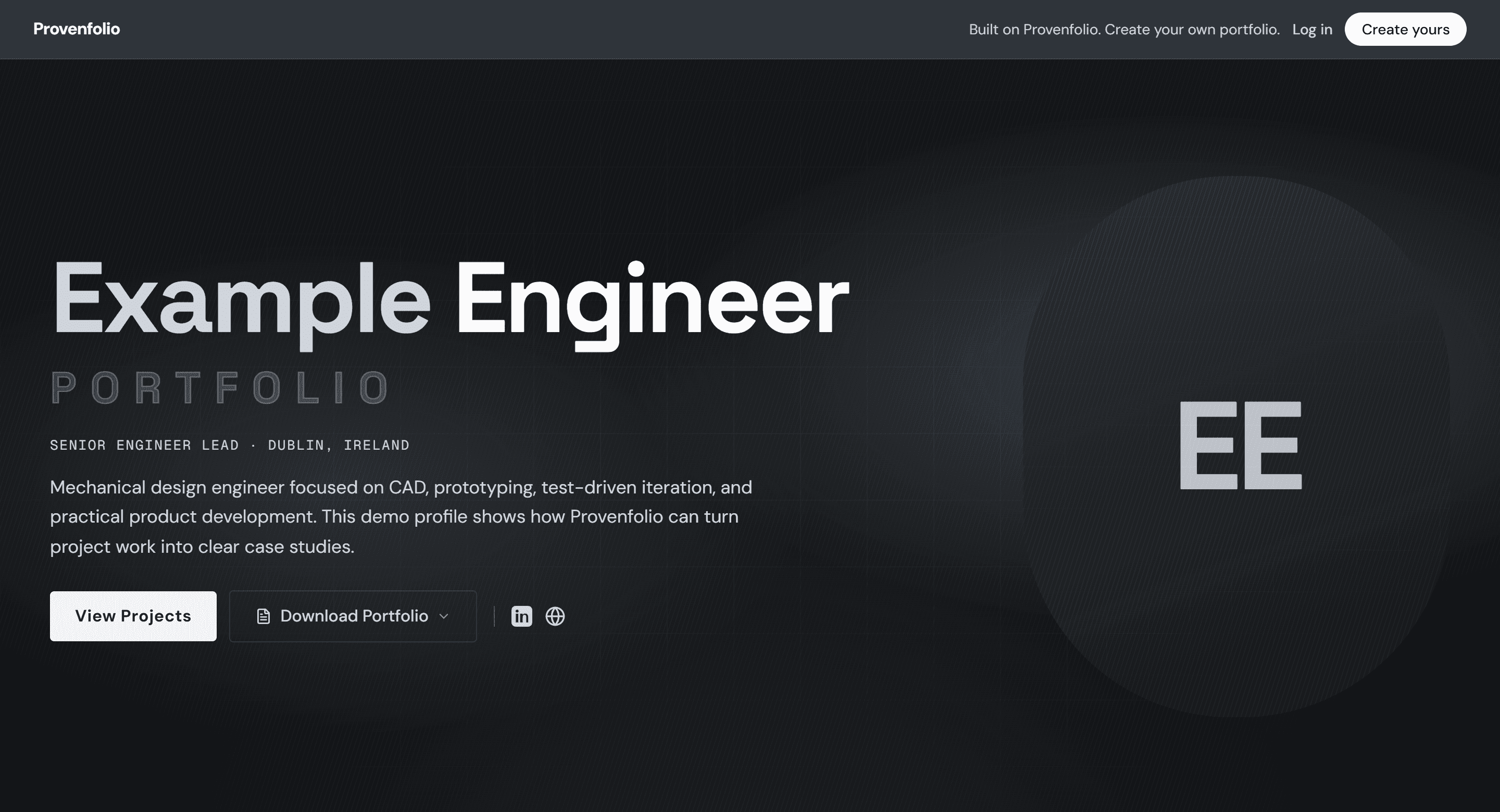Screenshot of the example portfolio: Example Engineer, Senior Engineer Lead in Dublin, with bio, View Projects and Download Portfolio actions