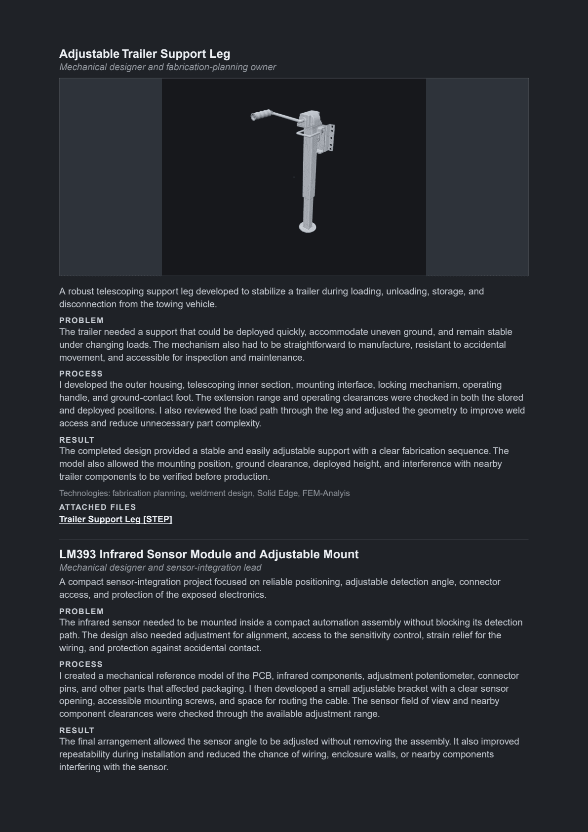 A page of the exported portfolio PDF showing the same Adjustable Trailer Support Leg project, with its render and the problem, process and result sections written out